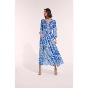 Poupette St Barth Annabelle Blue Nuances Floral Crepe V-Neck Spring Midi Dress
